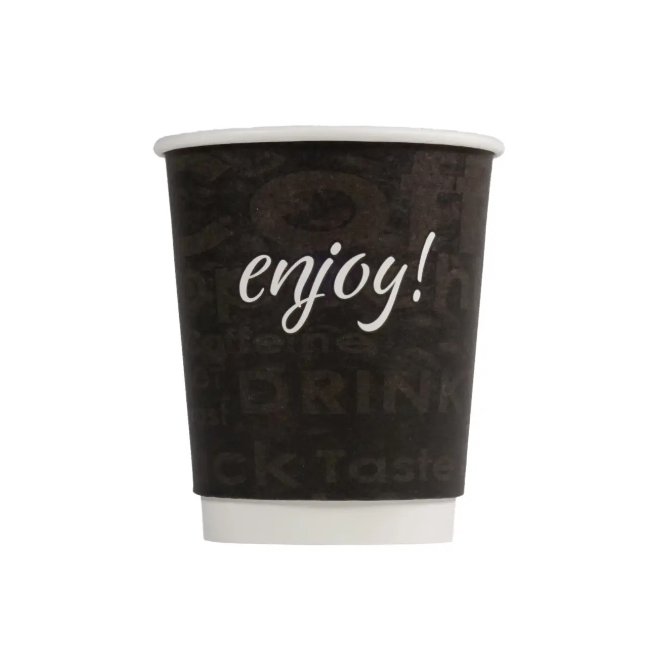 Take Away dubbelvägg pappersmugg Enjoy! 23 cl, Svart med dryckesmotiv