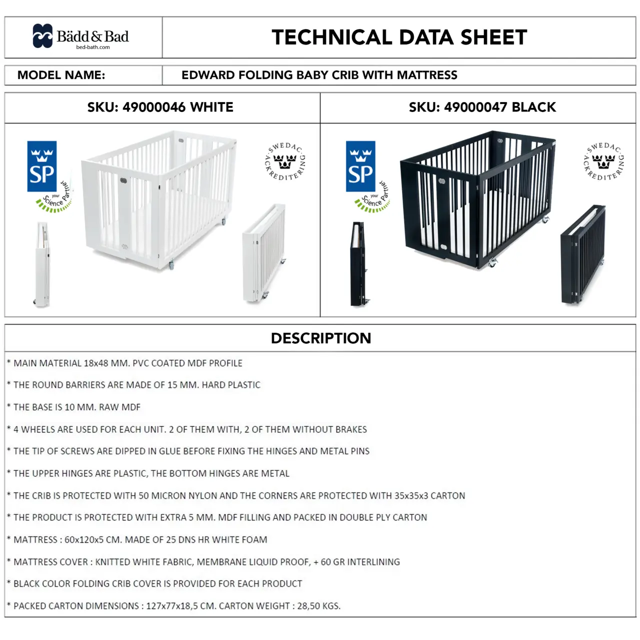 Barnsäng Edward, EU certifierad genom SP, Svart
